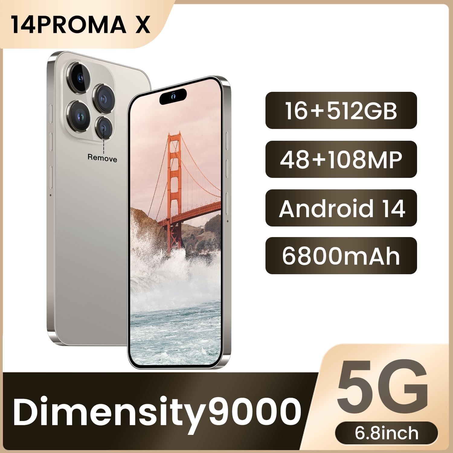 14PROMA X Smartphone Unlocked Cell Phone,Battery 6800mAh 6.82" HD Screen Unlocked Phones,16+512GB Android 14 with 128GB Memory Card,Dual SIM/Fingerprint Lock/Face ID/GPS (Natural Titanium, 16+512G)