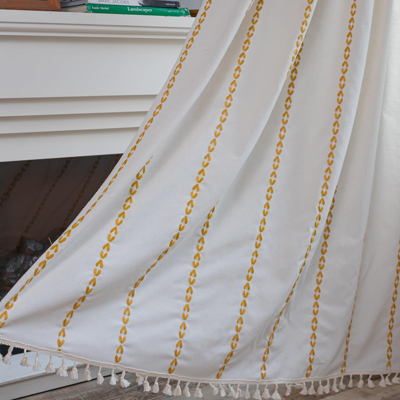 Schweek Boho Curtains for Living Room 63 Inches Long Farmhouse Linen Curtains 2 Pannels Embroidered Striped Curtains Bohemian Light Filtering Tassels Curtains & Drapes, Yellow on Cream