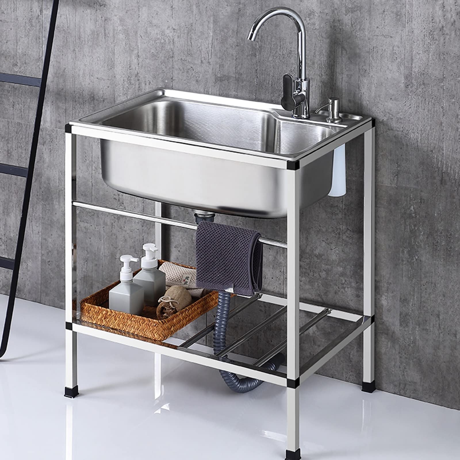 YADZISW Free Standing Single Bowl Sink Stainless-Steel Utility Kitchen Sinks with Drain 1 Compartment Commercial for Laundry/Backyard/Garage