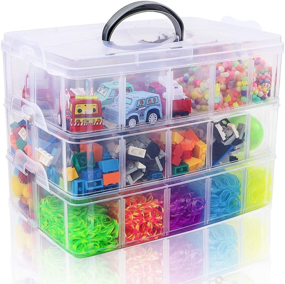 Feelopie Plastic Transparent Earring Storage Box,3 Layer with 30 Grid Portable Jewelry Craft Accessories Storage Box with Collapsible and Removable Dividers,Usein Nutbolt,(30 Grid,MultiColor,set of 1)
