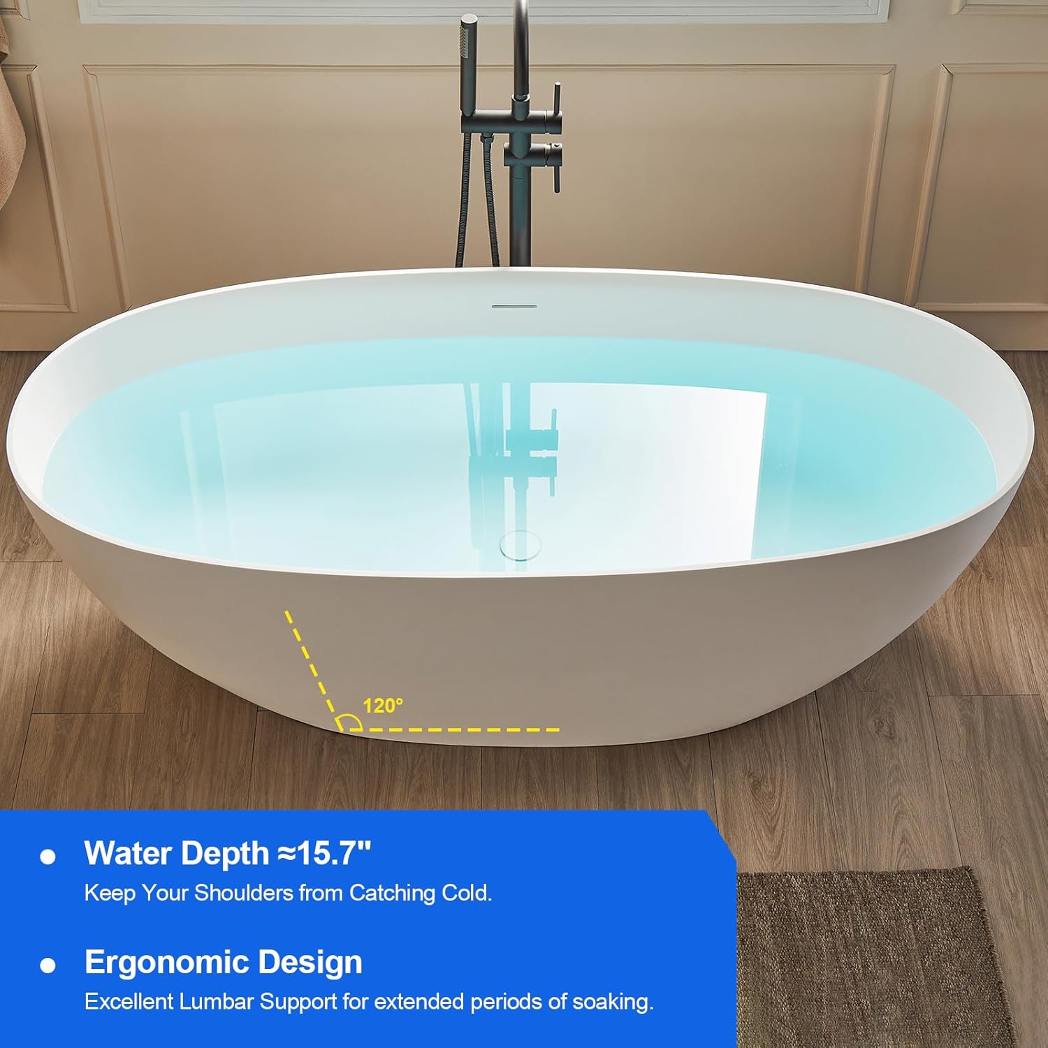Cpingao 71" Stone Resin Freestanding Bathtub, Contemporary Oval Stand Alone Soaking Tubs, Solid Surface Bathtub with Drain & Integrated Slotted Overflow Matte White 8845-1800 - Image 3