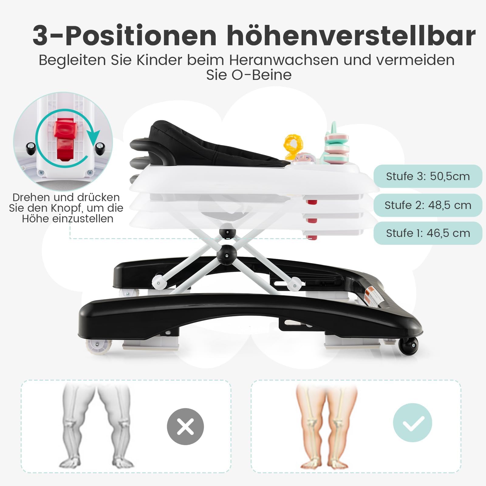COSTWAY 3 in 1 Lauflernhilfe klappbar, Lauflernwagen mit verstellbarer Höhen & Geschwindigkeit, Baby Walker mit abnehmbarer Spielplatte, Laufwagen gehfrei Baby ab 6 Monaten (Schwarz)