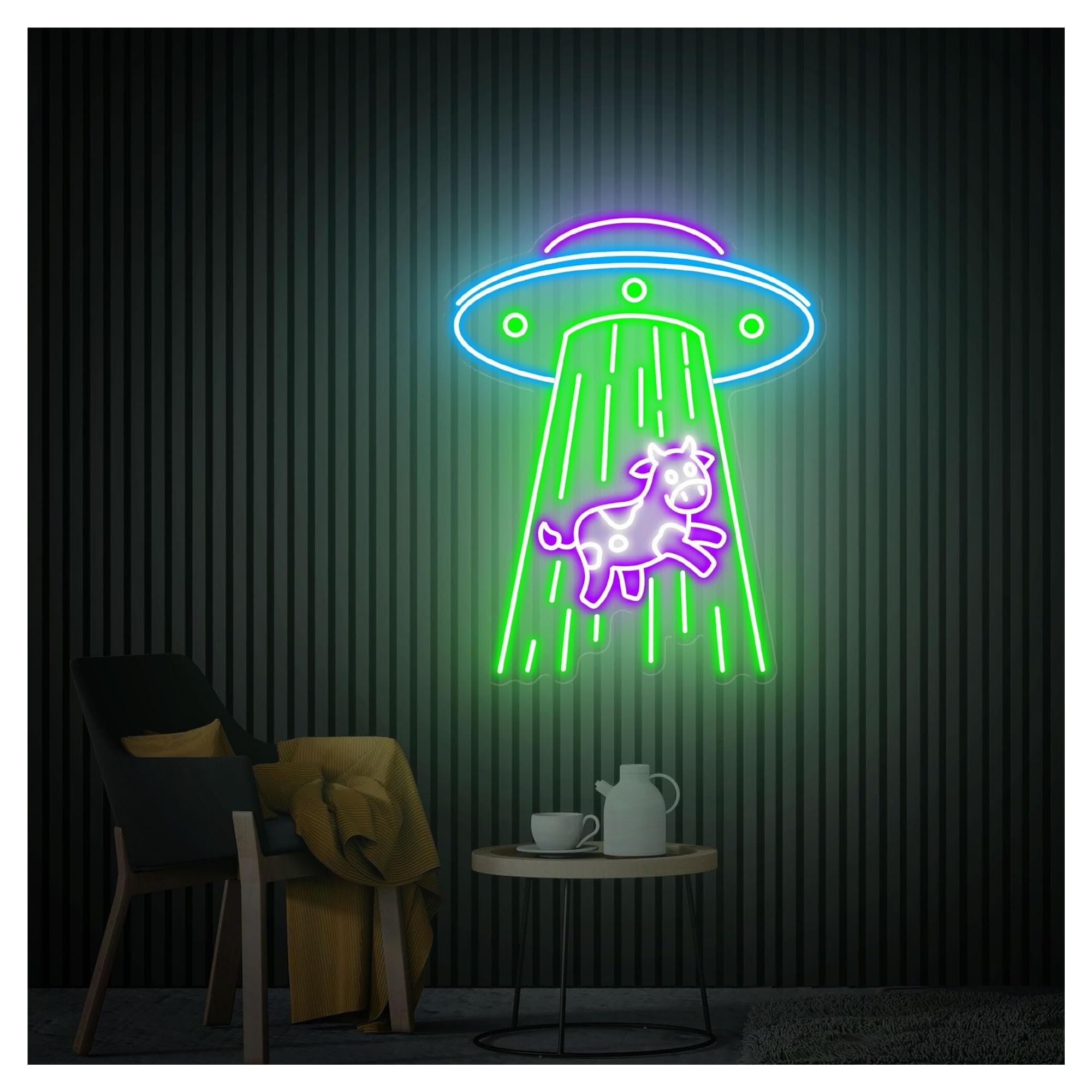 RONGCH Hanging Art Signs UFO Kidnapping Cow Neon Sign,Suitable for Bedroom Decor with Dimmable 48cmx60cm(D)