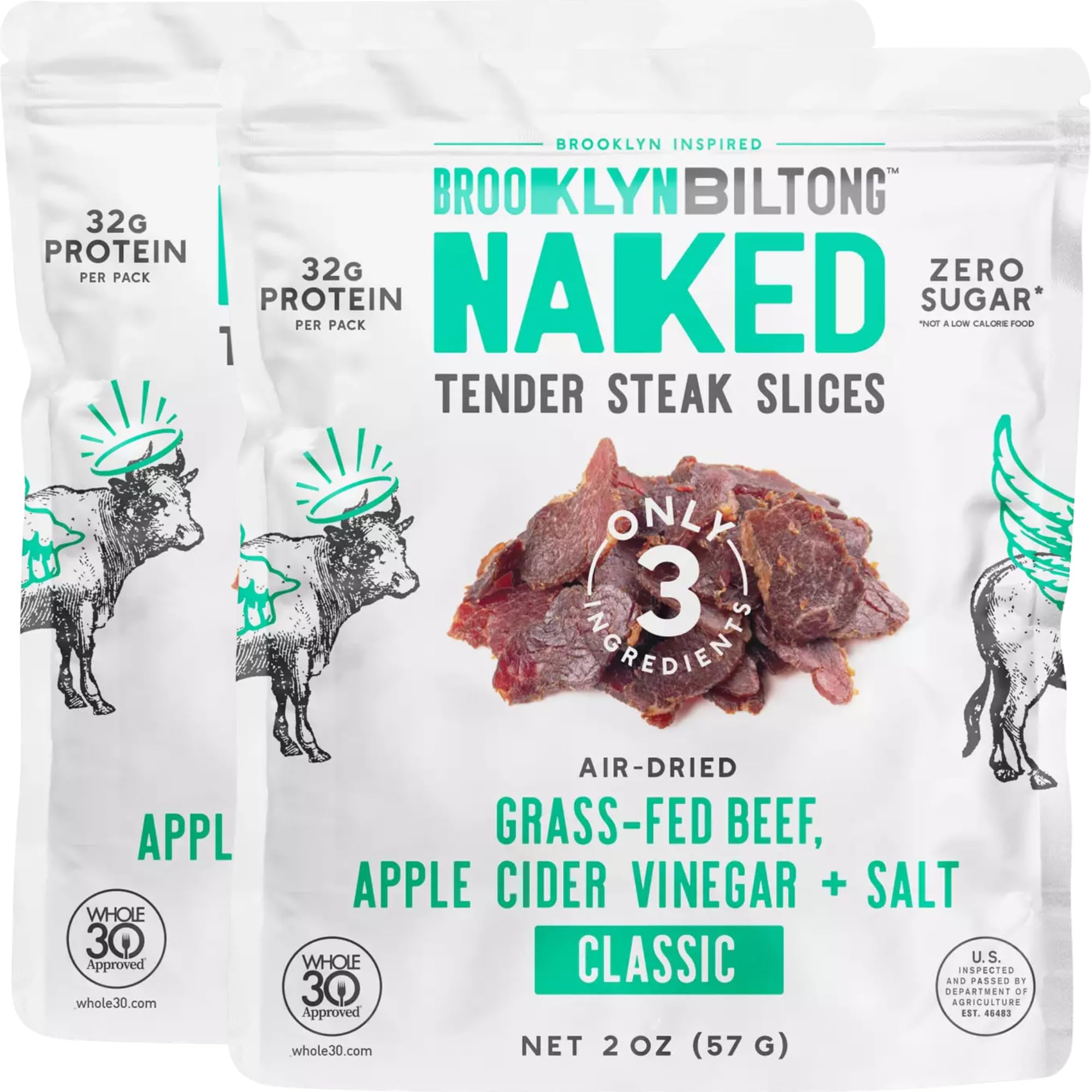 Brooklyn Biltong Carnivore Snack, Air Dried Grass Fed Beef, South African Beef Jerky (2 oz, Pack of 2) - AIP Approved, Paleo, Keto, Gluten Free, Only Salt, Water, and Vinegar, Made in USA - (Naked