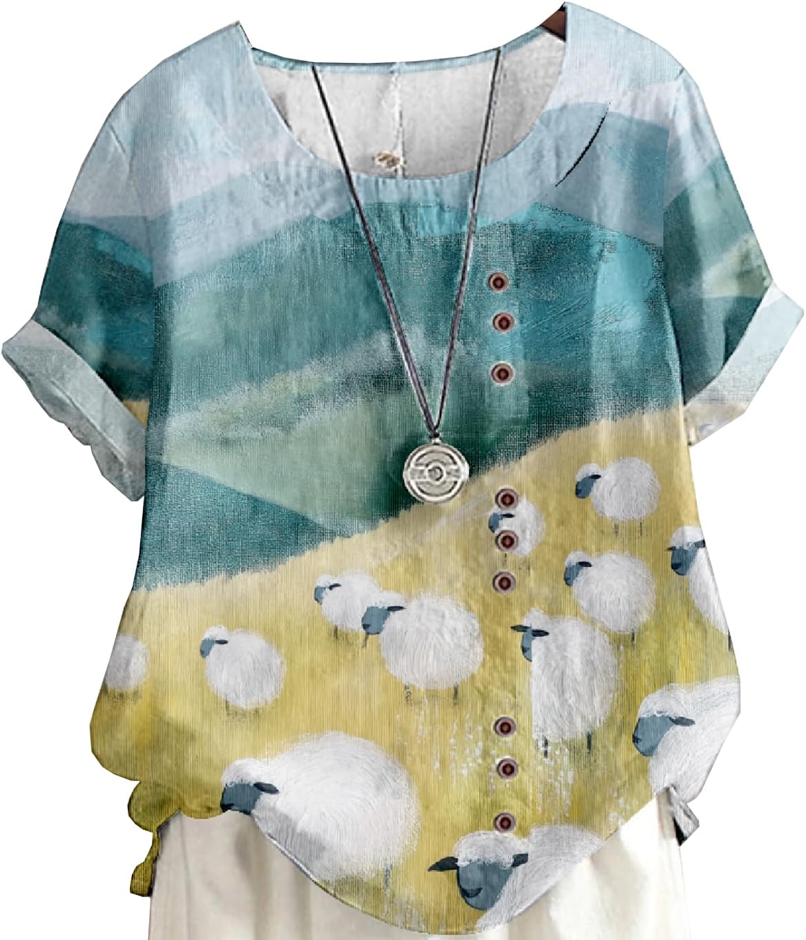 Women's Vintage Linen Tops Short Sleeve Boho Summer Graphic Tees Tunic Shirts Casua...