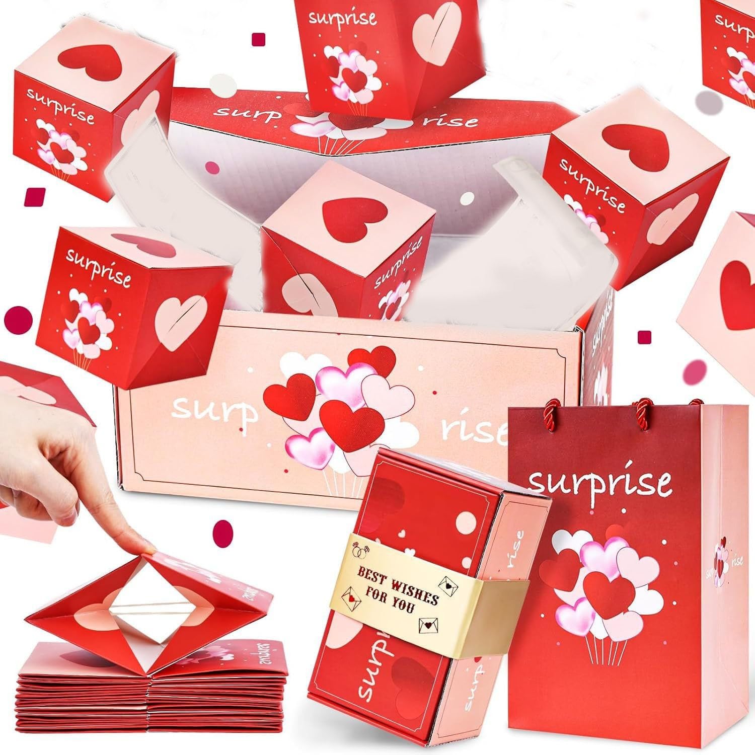 Surprise Gift Box Explosion for Money, Pop-Up Money Gift Box Explosion – Surprise Gift Boxes for Christmas, Birthdays, Anniversaries &amp; Valentine's Day (Pink A, 10 Boxes)