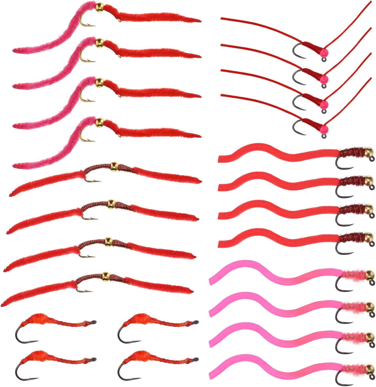 Soulchen 24 Pcs San Juan Worm Trout Fly Fishing Assortment Tungsten Bead Squirmy Wormy Fly 24 Red Pink Steelhead Flies for Hook Size 12, 14, 16 Trout Bass Steelhead Salmon Freshwater Fish