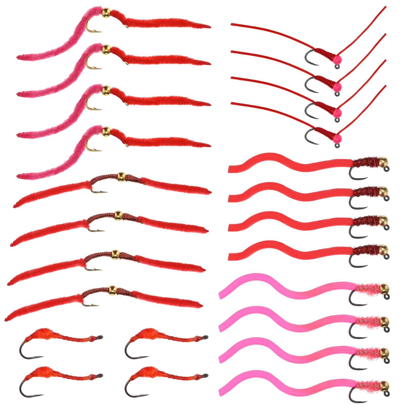 Soulchen 24 Pcs San Juan Worm Trout Fly Fishing Assortment Tungsten Bead Squirmy Wormy Fly 24 Red Pink Steelhead Flies for Hook Size 12, 14, 16 Trout Bass Steelhead Salmon Freshwater Fish