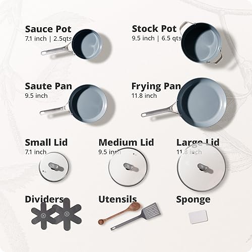 Miniatura 6 de Greater Goods Chef's Grade - Juego de utensilios de cocina antiadherentes de cerámica, 12 piezas, ollas y sartenes con tapas, abedul