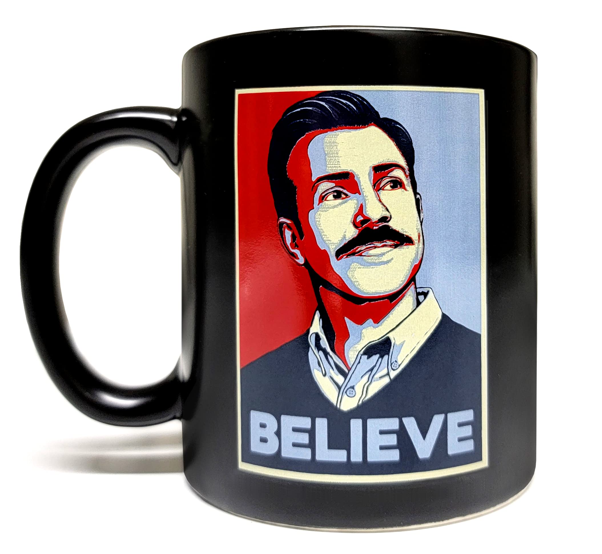 Believe - 11oz Ceramic Black Mug - Artwork on Both Sides - Funny - Giftable Foam Box Protection - Inspired by Ted Lasso