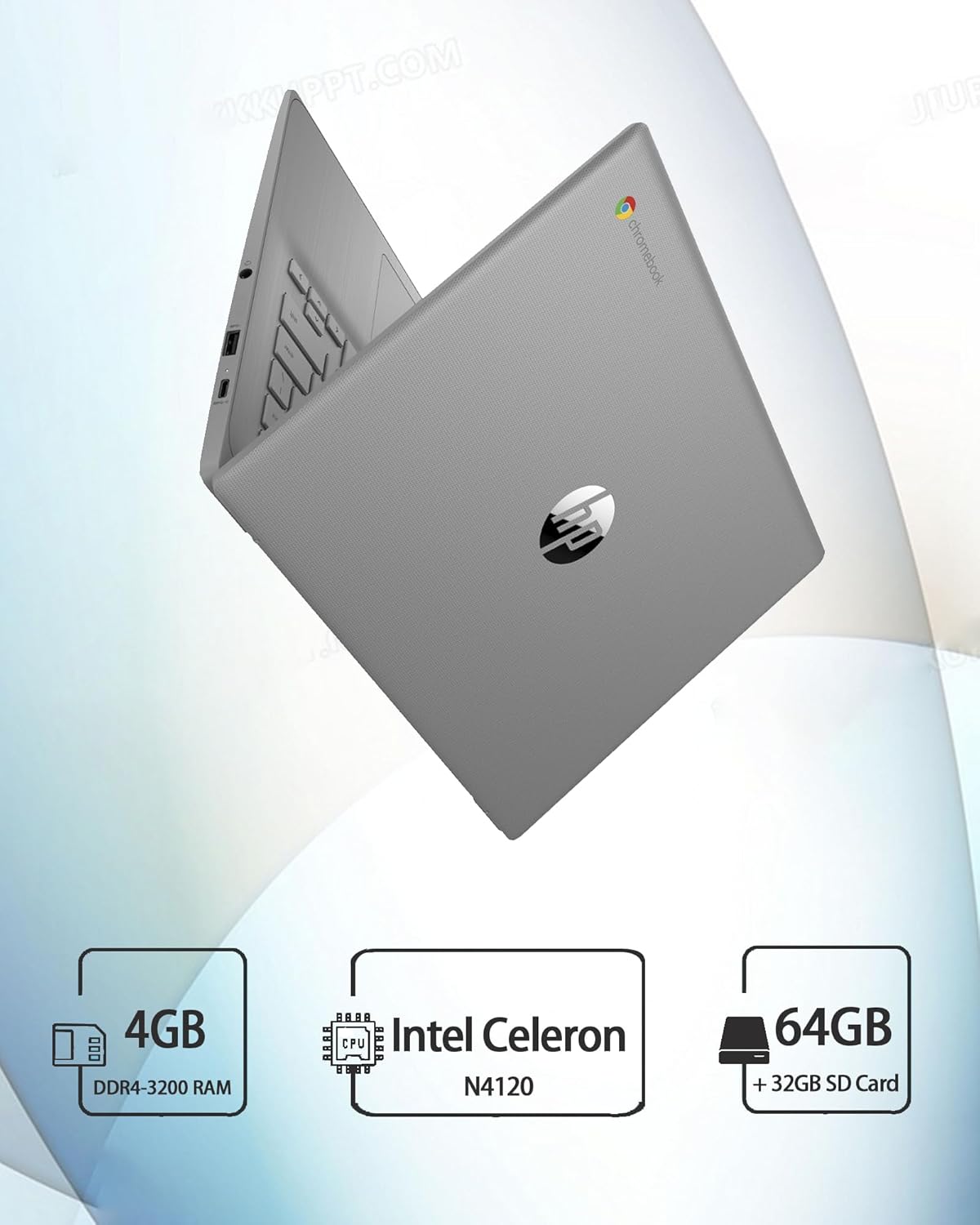 HP Chromebook 14" HD Laptop PC for College Students and Business, Chrome OS, Intel Celeron N4120 Processor, 4GB RAM, 64GB Storage, Bluetooth, Wi-Fi, Modern Gray, Alpacatec 64GB Card