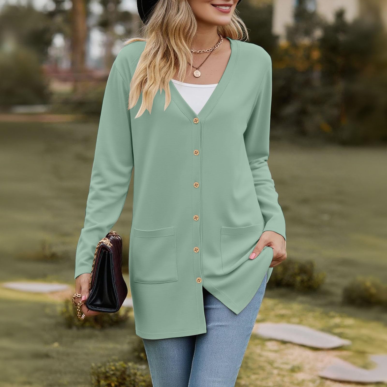 Gilet Femme Chic et Elegant Cardigan Femme Long Leger Veste Mi Saison Printemps Ete Manches Longues Col V Boutons avec Poche Fluide Doux Quotidien Casual Grande Taille