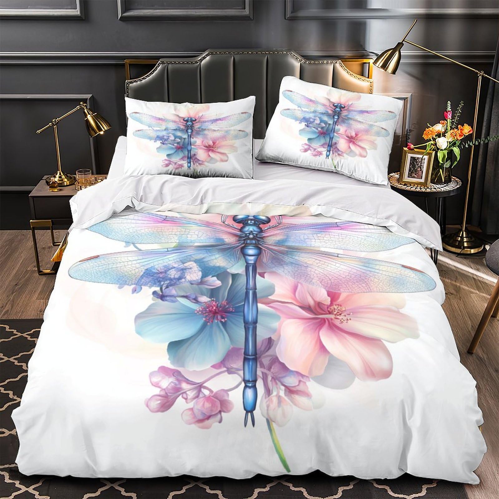 Housse de couette libellule 140x200 cm avec 2 taies d'oreiller enfant