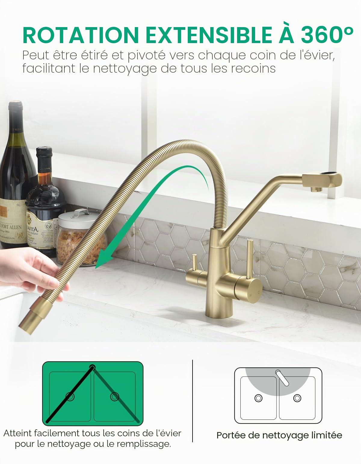 TIMACO Robinet de cuisine 3 voies en or, mitigeur de cuisine pivotant à 360°, avec robinet 3 en 1 pour filtre à eau, mitigeur à ressort spiralé pour eau potable avec double levier, haute pression, or