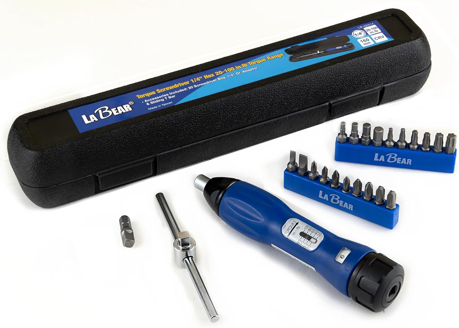 LABEAR- 23PCS 1/4"Dr. 20-100 in-lbs Torque Wrench Screwdriver Set with Interchangeable Bits & T-bar, for Bike, Firearms, electronic, adjustments, and instrument assembly.