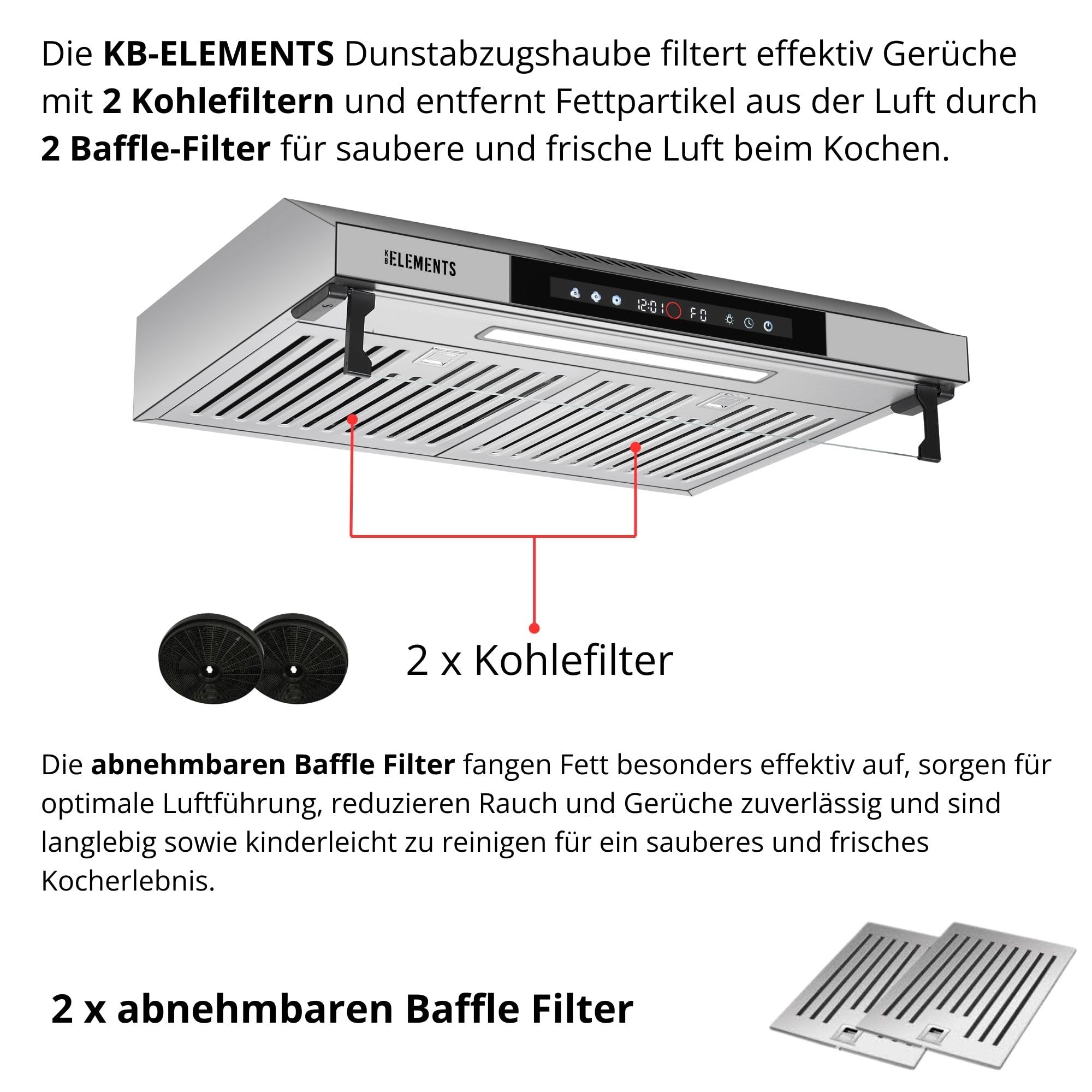 Dunstabzugshaube 60cm Unterbau Umluft Abluft 650m³/h Doppelter Motor Touch-Gestensteuerung Edelstahl