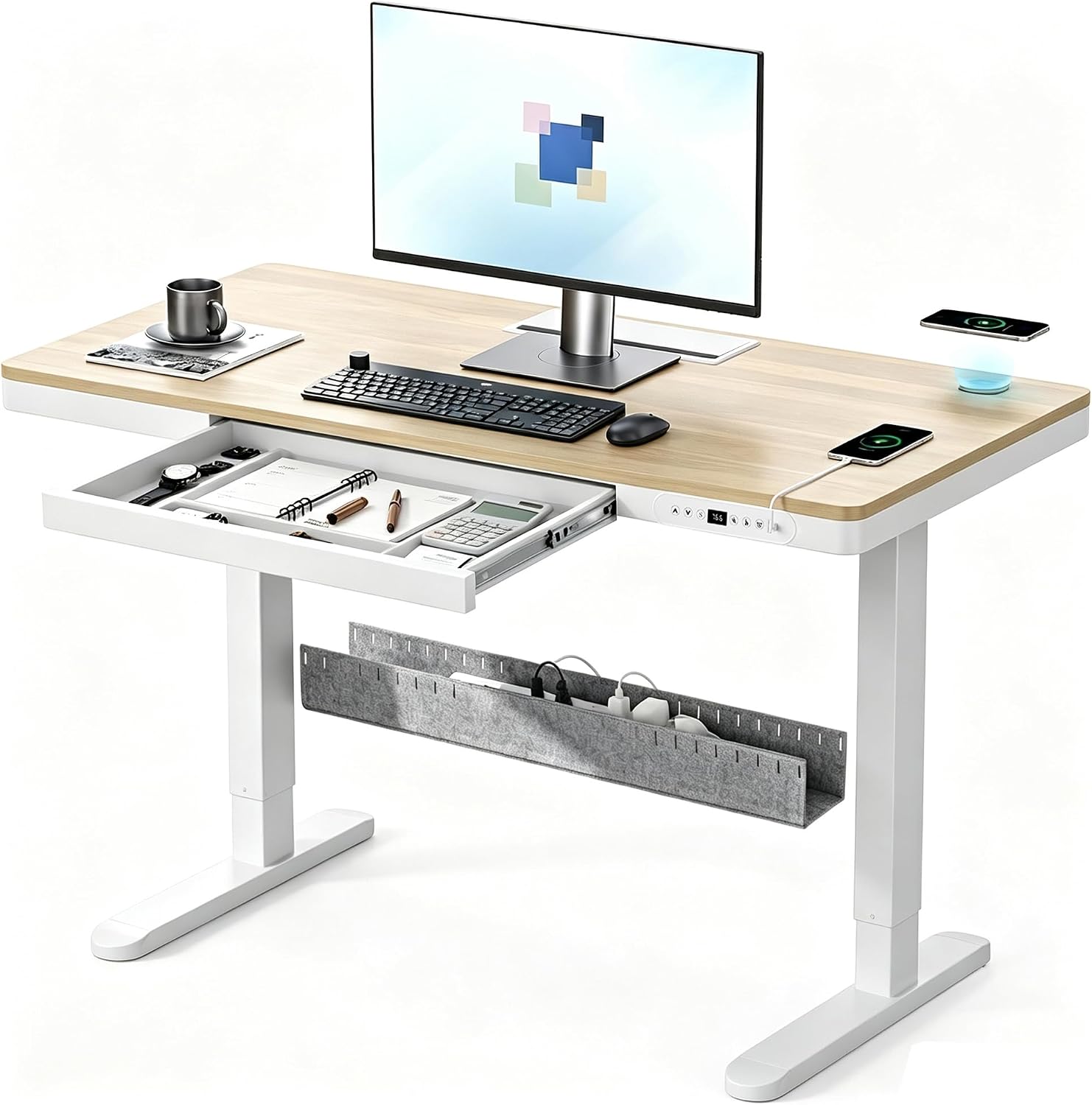 48" Electric Standing Desk with Drawer,Adjustable Sit Stand Desk,Light Wood