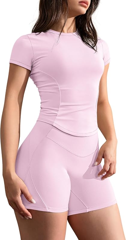 GYM RAINBOW Camisetas de entrenamiento de manga corta para mujer, camisas de entrenamiento recortadas, ajustadas, cuello redondo, atlético, gimnasio, correr, camisetas
