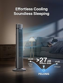 Pelonis tower fan compact model shown with USB charging cable