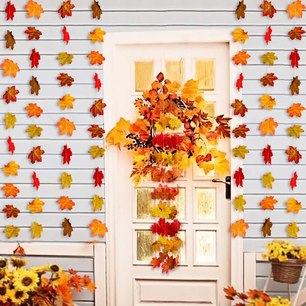 Fall Maple Leaf Garland, Artificial Autumn Maple Leaves Plants Vine Hanging Garland for Home Garden Kitchen Office Wedding Wall Doorway Party Backdrop Decoration Thanksgiving Decor 6.6ft Long