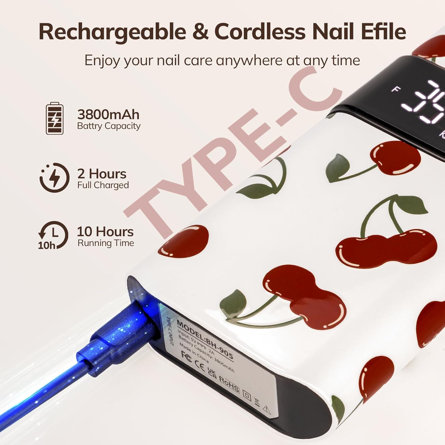 Lavinda 54W Nail Lamp UV Light for Gel Nails Rechargeable Cordless UV Lamp & 35000RPM Electric Nail Drill, Cordless Nail Drill Machine -Cherry Print