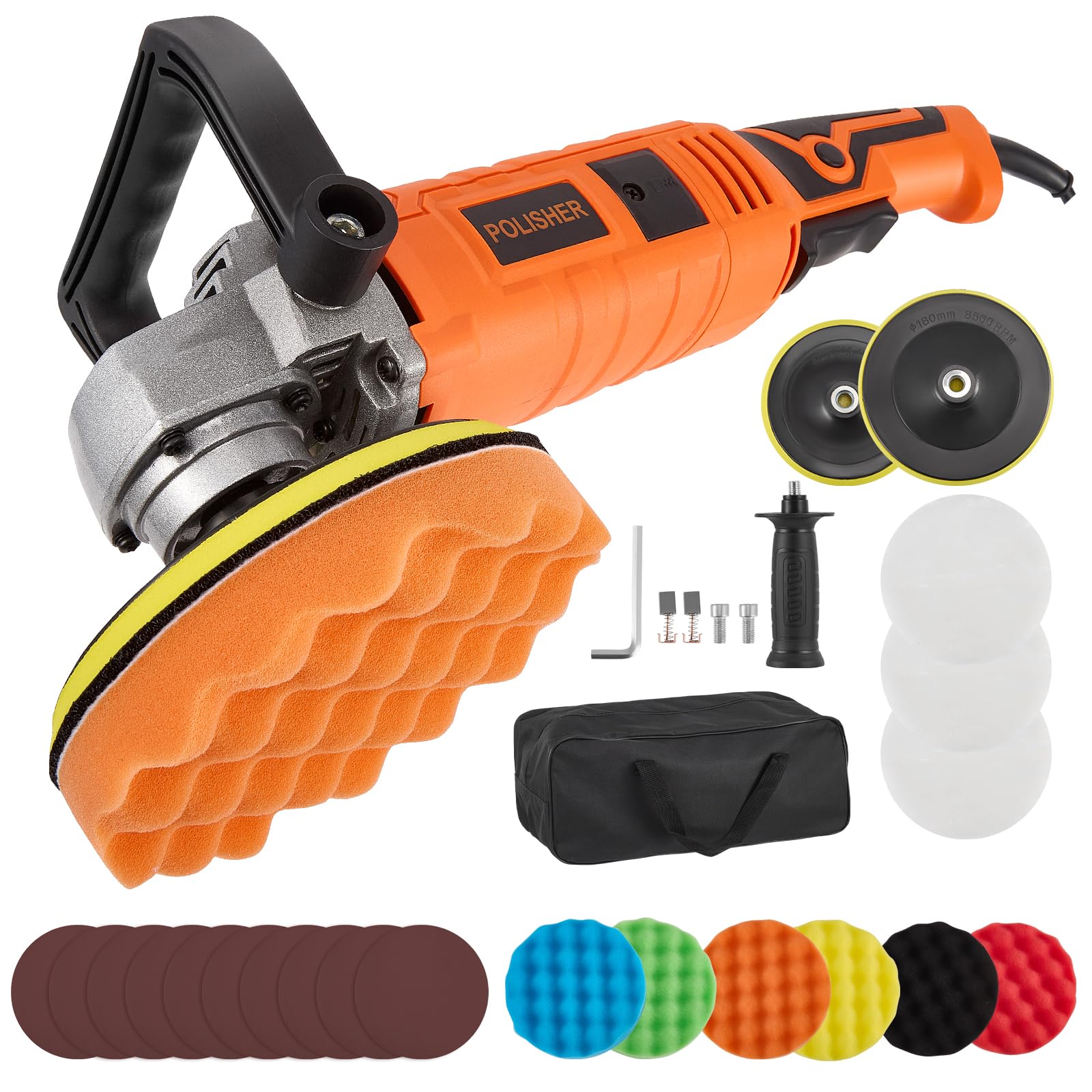 Pulidora Coche 1580W, 7 Velocidades Variables, 500-3300 RPM, D-Mango Desmontable/Mango Lateral, Pulidora Coche para Pulir Coche y Encerar