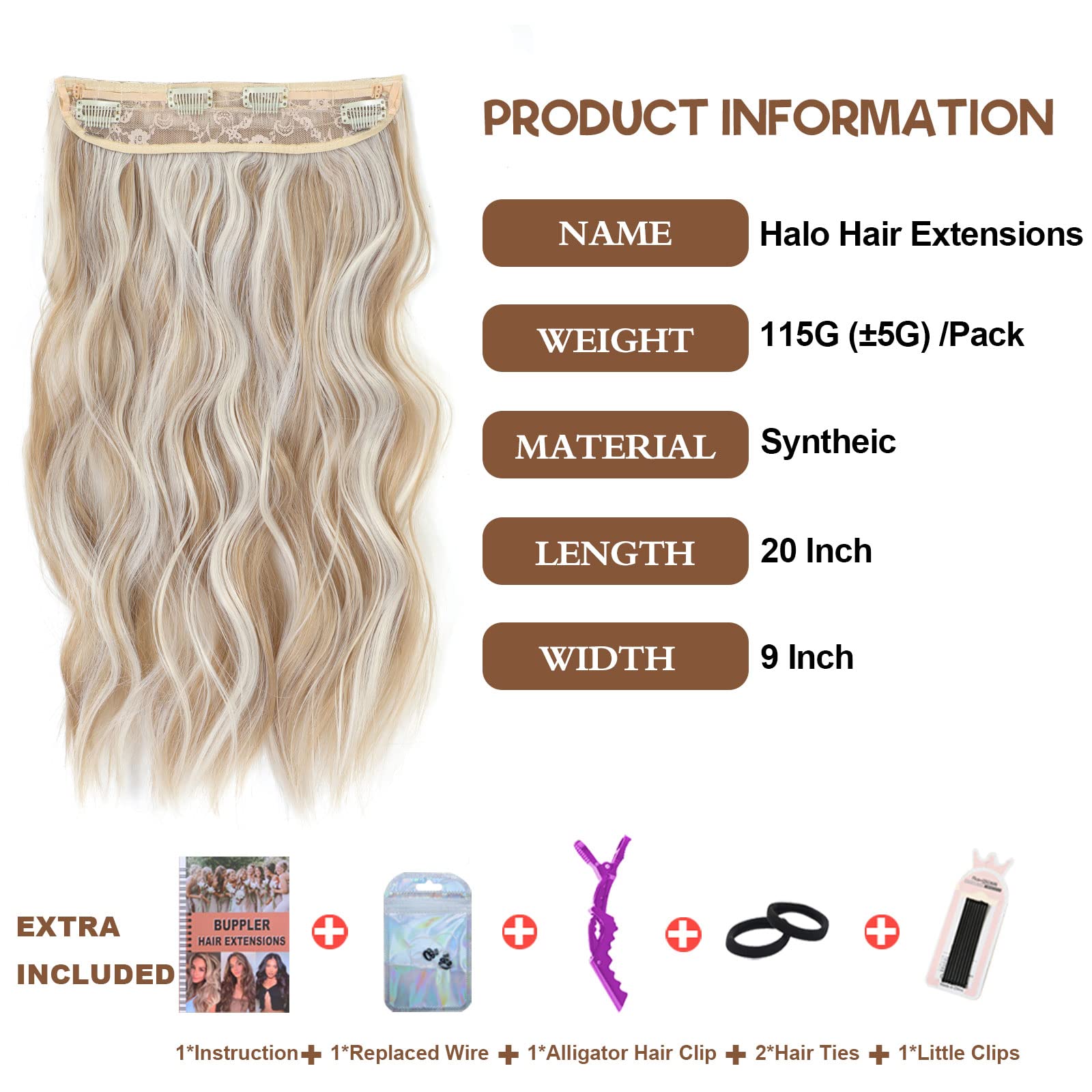 BUPPLER Halo Hair Extensions 20 Inch Invisible Wire Hair Extensions Adjustable Long Wavy Hairpiece Synthetic Upgrade 4 Secure Clips in Hairpieces 20 Inch,Dark Golden Mix Platinum Blond - Image 3