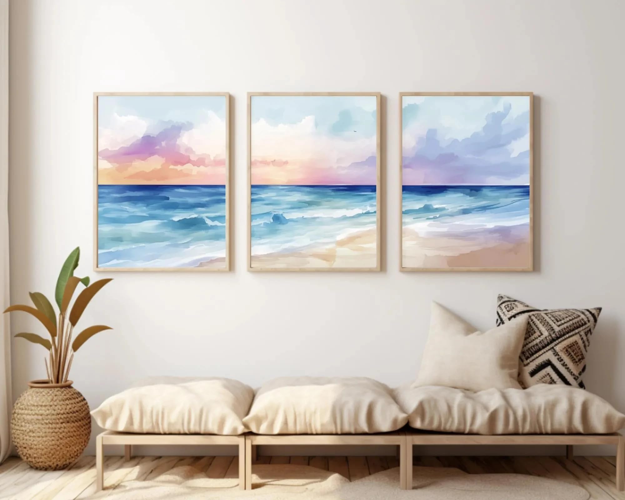 GOSRD Canvas Print Sunset Watercolor Coastal Beach Wall Art Ocean Seascape Decor Pink Poster(50x70cm-3Pcs)