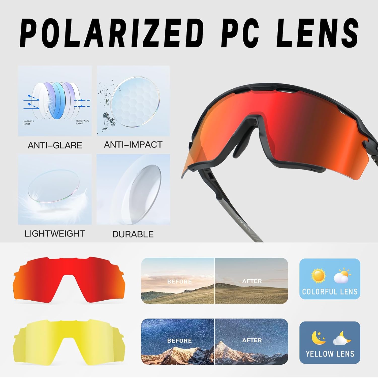 Polarized Cycling Glasses for Men Women, PC Lens UV Protection Sports Sunglasses for Running Baseball Softball - Image 3