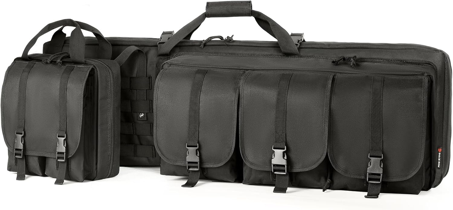 DULCE DOM Tactical Shooters Double Rifle Case Soft Gun Bag for Range & Hunting – 42" Fits 2 Rifles – Detachable Pistol Pouch, MOLLE System, Heavy Duty Nylon Oxford Scratch Proof, Removable Divider
