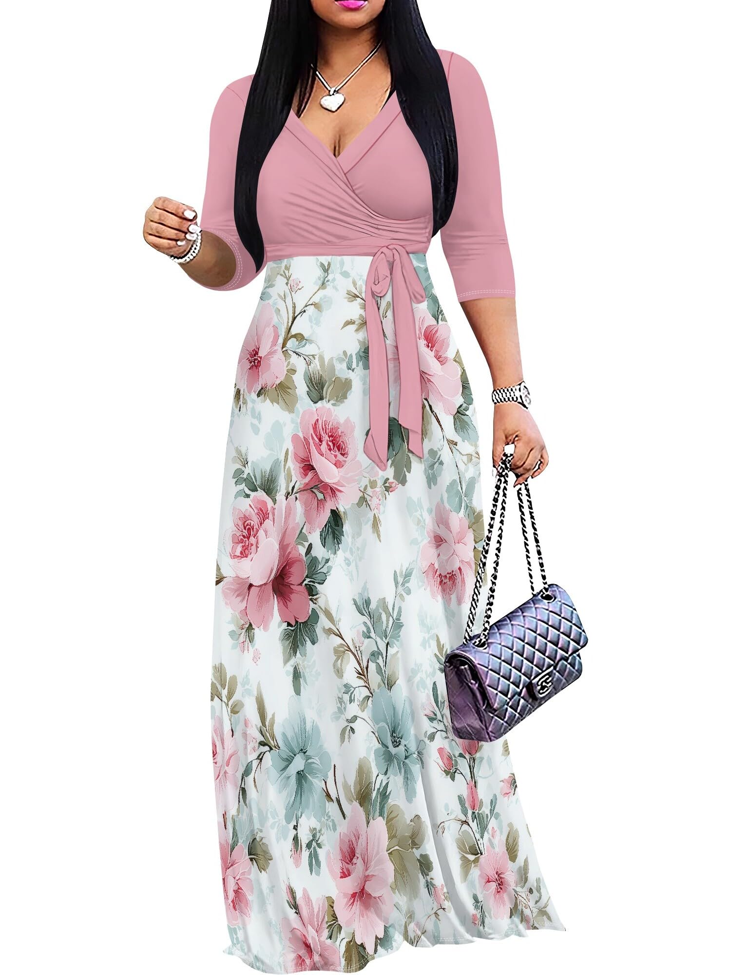 PinkPatty Women's Plus Size V Neck 3/4 Sleeve Boho Maxi Dress with Pockets | Boho printed maxi dress with pockets and tie waist for travel, vacations, weddings, church, parties, and daily wear