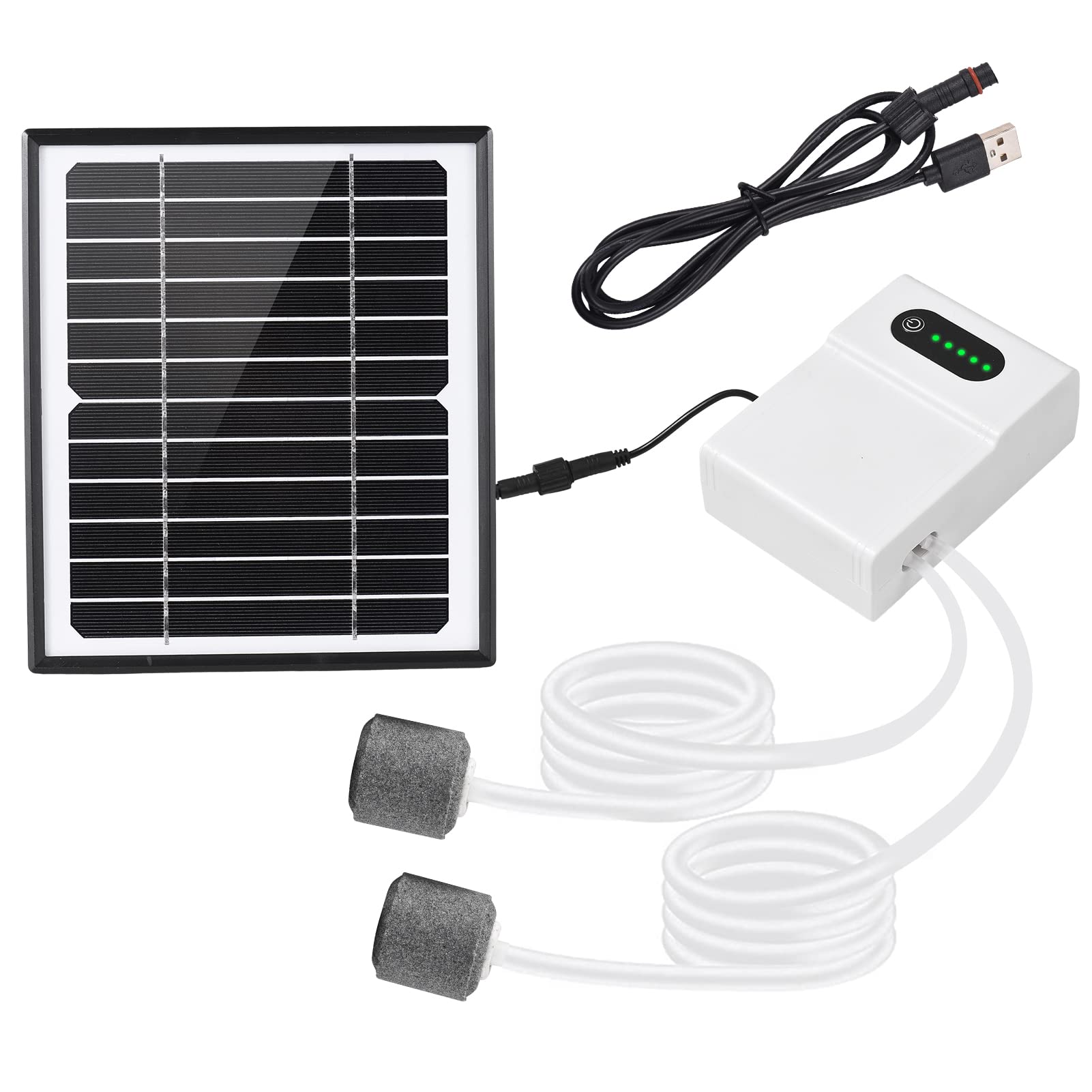 Eacam Solar Powered Oxygen Pump Kit for Fish Tank Aquarium, Quiet Operation Oxygenator Aerator with 2 Working Modes for Indoor Use (White)