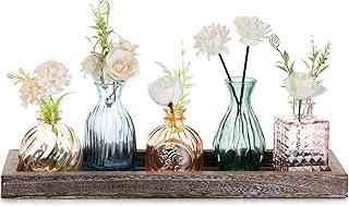 Sponsored You’re seeing this ad based on the product’s relevance to your search query.Learn more about this advertisement Glasseam Small Vases Glass for Home: 5 Mini Vases Colourful with Wooden Tray for Living Room Office Dining Table Decoration - Stylish Glass Vase Set Flower Vase Small for Housewarming Gift Home