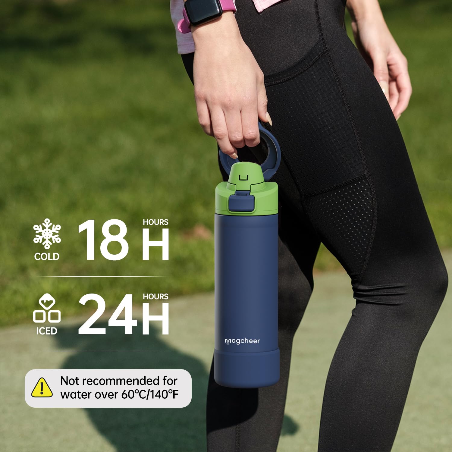 magcheer Botella Magnetica 1L con Soporte Movil | Trípode Multi-ángulos | Sin BPA y A Prueba de Fugas | Botella Termica Frío 24h para Viajes y Selfies de Gym(Azul Oscuro)