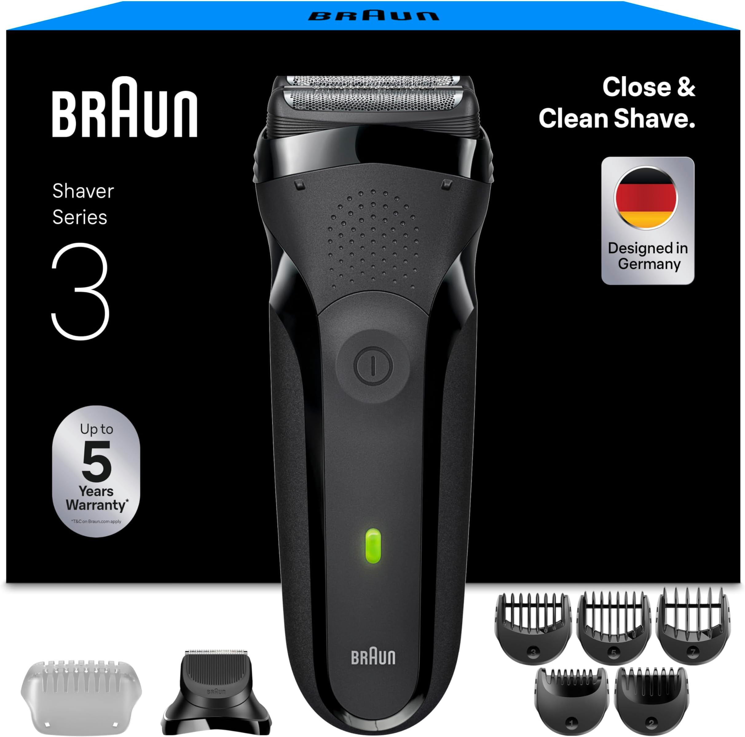 Braun Series 3 Electric Shaver, 300BT, Grey, 3 Flexible Blades, Beard Trimmer Attachment, +5 Combs, Dry Razor for Men, Designed in Germany, Includes Rechargeable Battery
