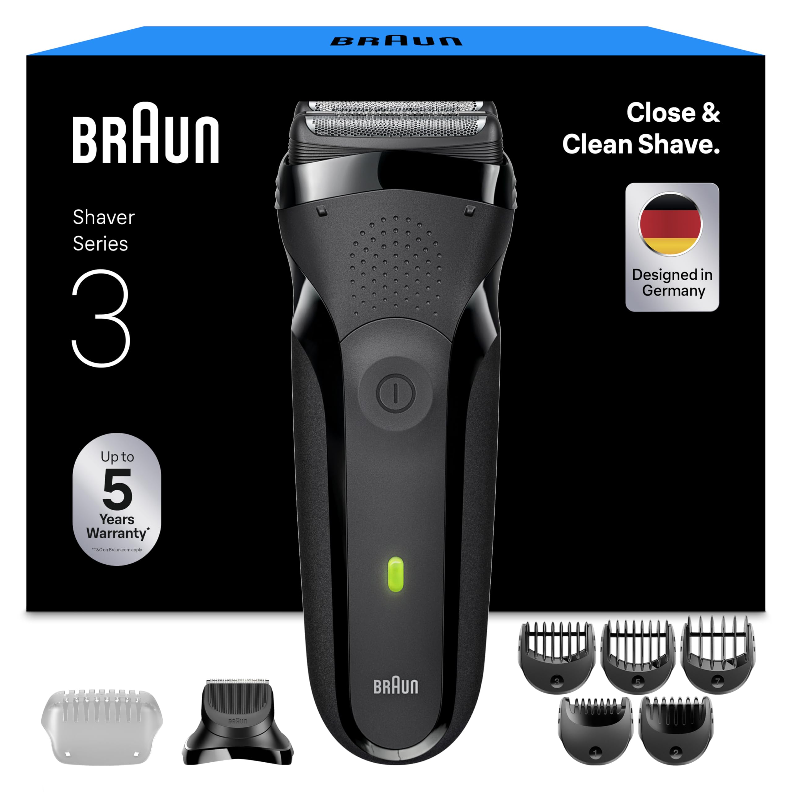Braun Series 3 Electric Shaver, 300BT, Grey - Dry Razor for Men, 3 Flexible Blades, Beard Trimmer Attachment, +5 Combs, Designed in Germany, Includes Rechargeable Battery