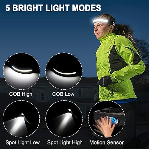 Miniatura 3 de 1 faro recargable, lámpara de cabeza de haz ancho de 230 LED con sensor de movimiento para adultos, diadema ajustable, luz de cabeza impermeable