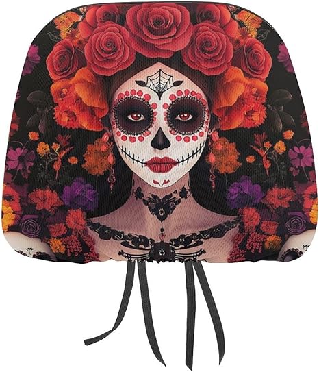 Soft Elastic Universal Headrest Covers, Day of Dead Halloween Roses Sugar Skulls Fashion Car Headrest Protector with Memory Foam Backing for Car Truck SUV