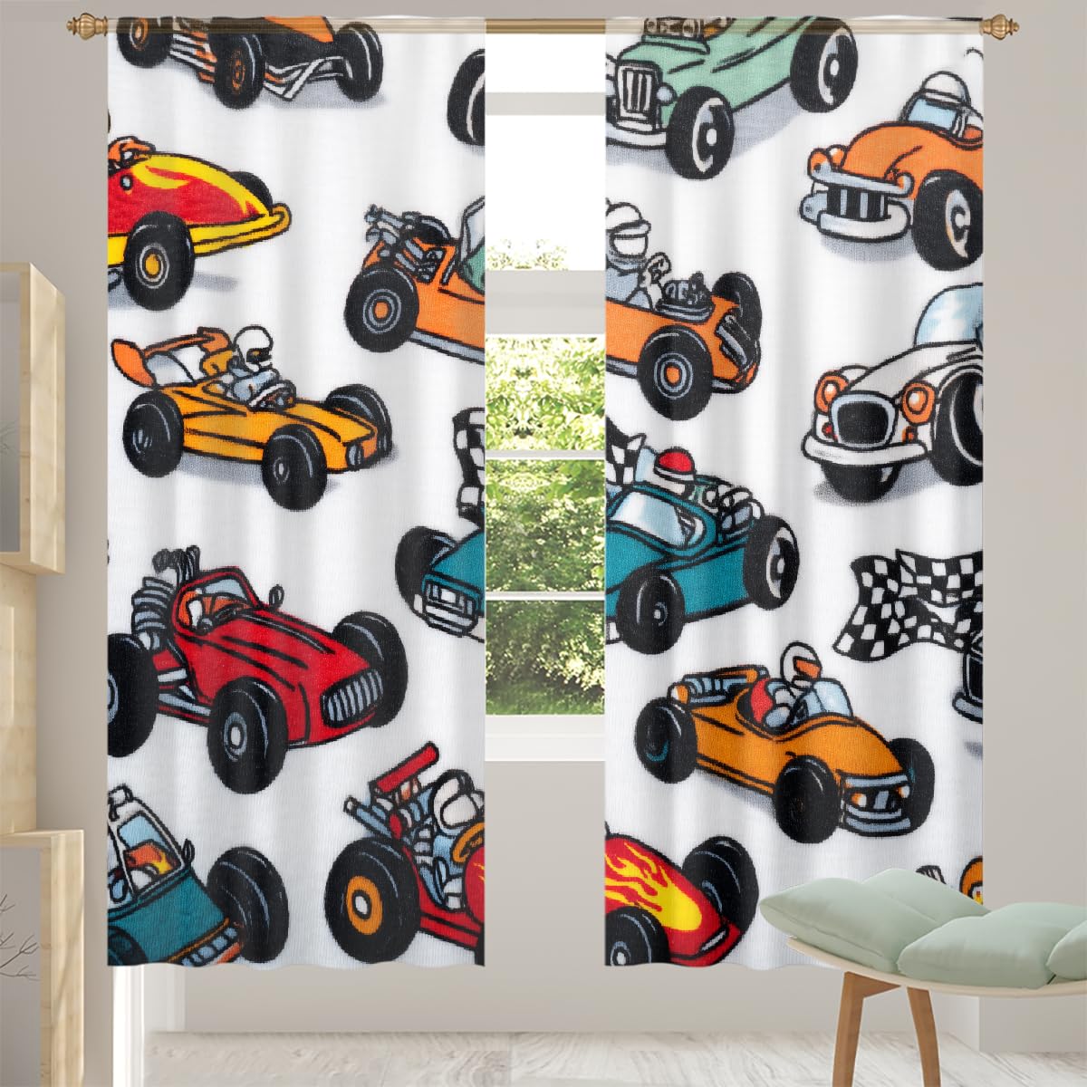 Lot de 2 voilages semi-transparents pour fenêtres de salon, chambre à coucher, 198 cm de haut, avec passe-tringle, voilage à motif de voitures de course, 140 x 198 x 2 cm