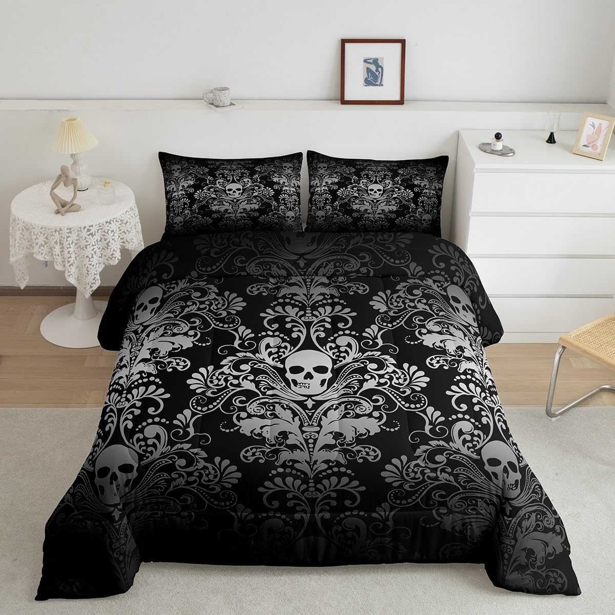 Adults Gray Damask Bedding Set Antique Victorian Baroque Comforter Set Queen Size