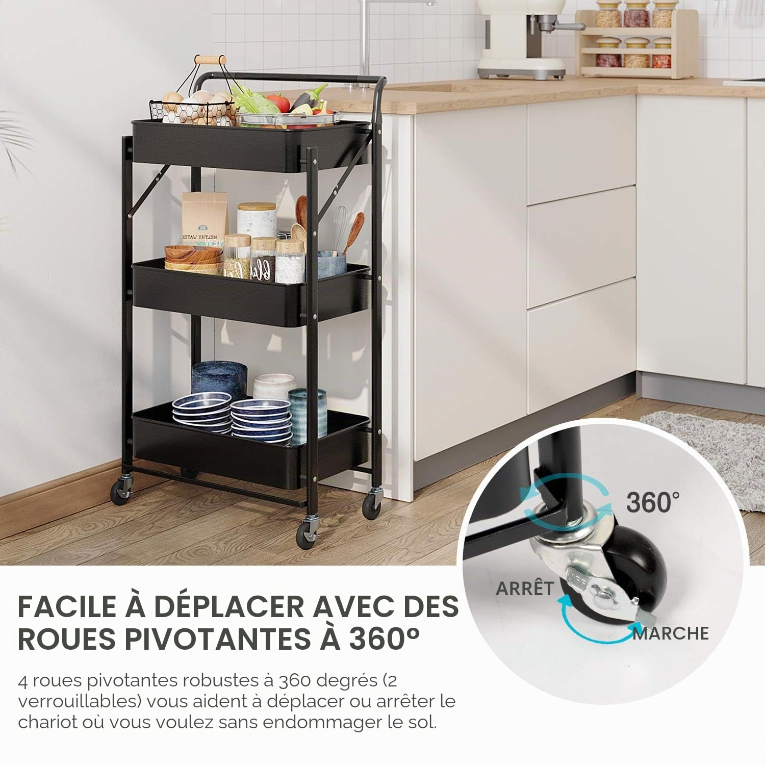 Dripex Desserte à roulettes Pliante à 3 Paniers de Rangement - Noir