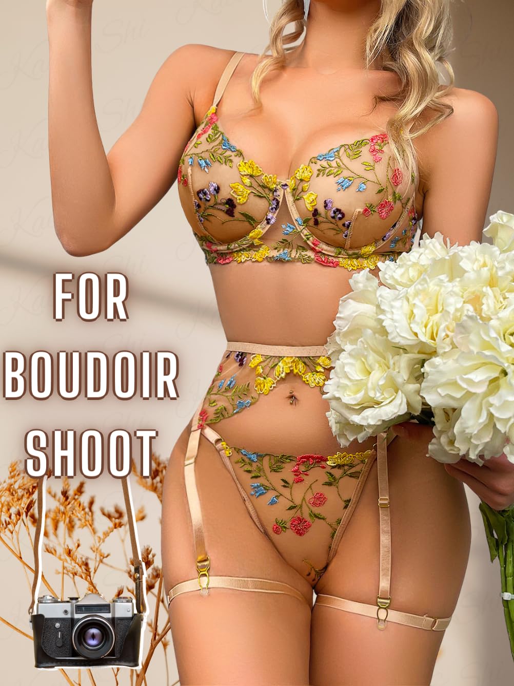 Kaei&Shi Vibrant Floral Embroidery, Underwire, Thong, Thigh Straps, Lingerie Set: 8-10 Tan