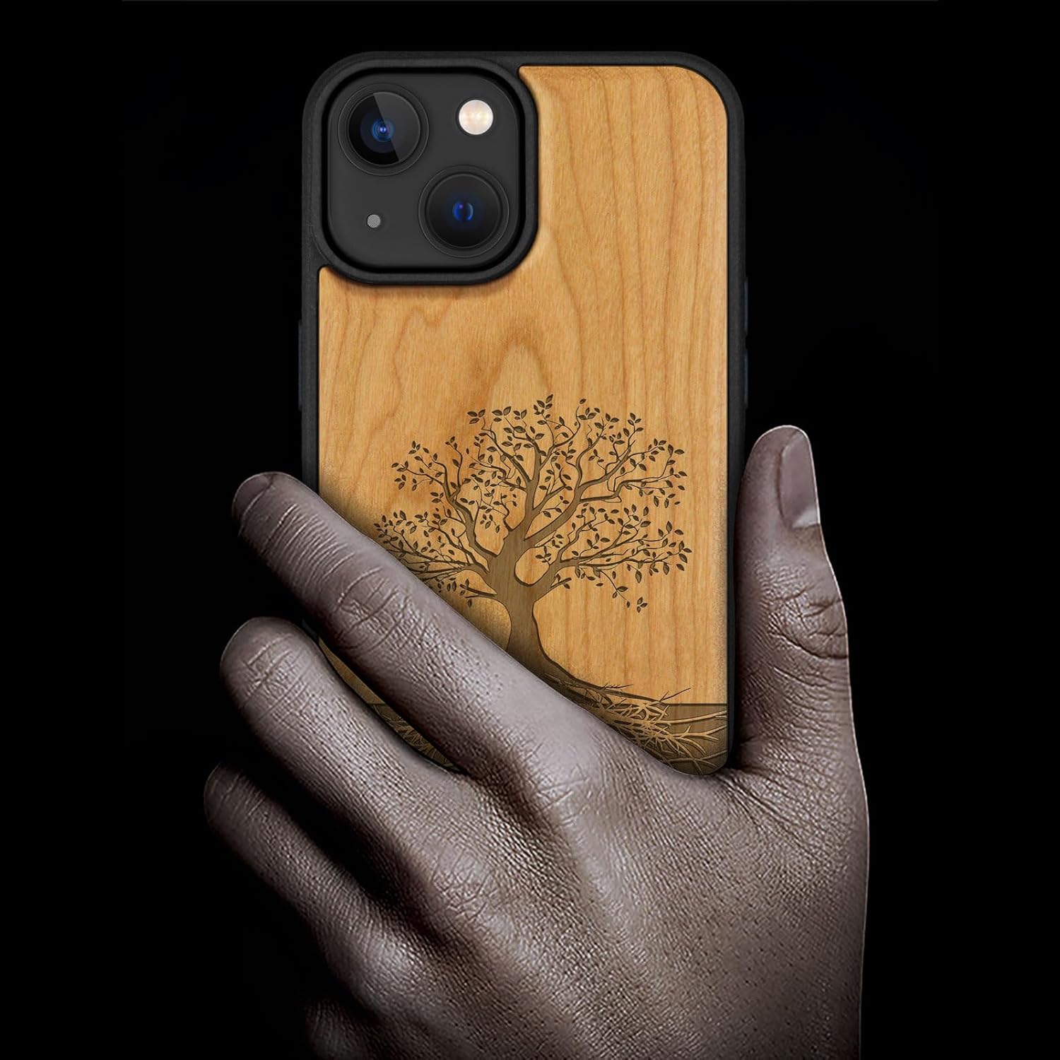 Carveit Magnetic Wooden Case for iPhone 15 Case, Compatible with MagSafe Wireless Chargers, Black Soft TPU Shockproof Cover & Wood Artisan Engraved (Tree with Roots) - Cherry