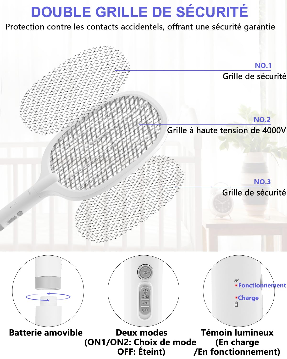 Raquette Électrique Insectes, Raquette Anti-Moustiques à Lumière UV 4000V 2 en 1, 1800mAh USB Rechargeable Tapette à Mouches Électrique avec Base de Recharge, Efficace pour Intérieur Extérieur