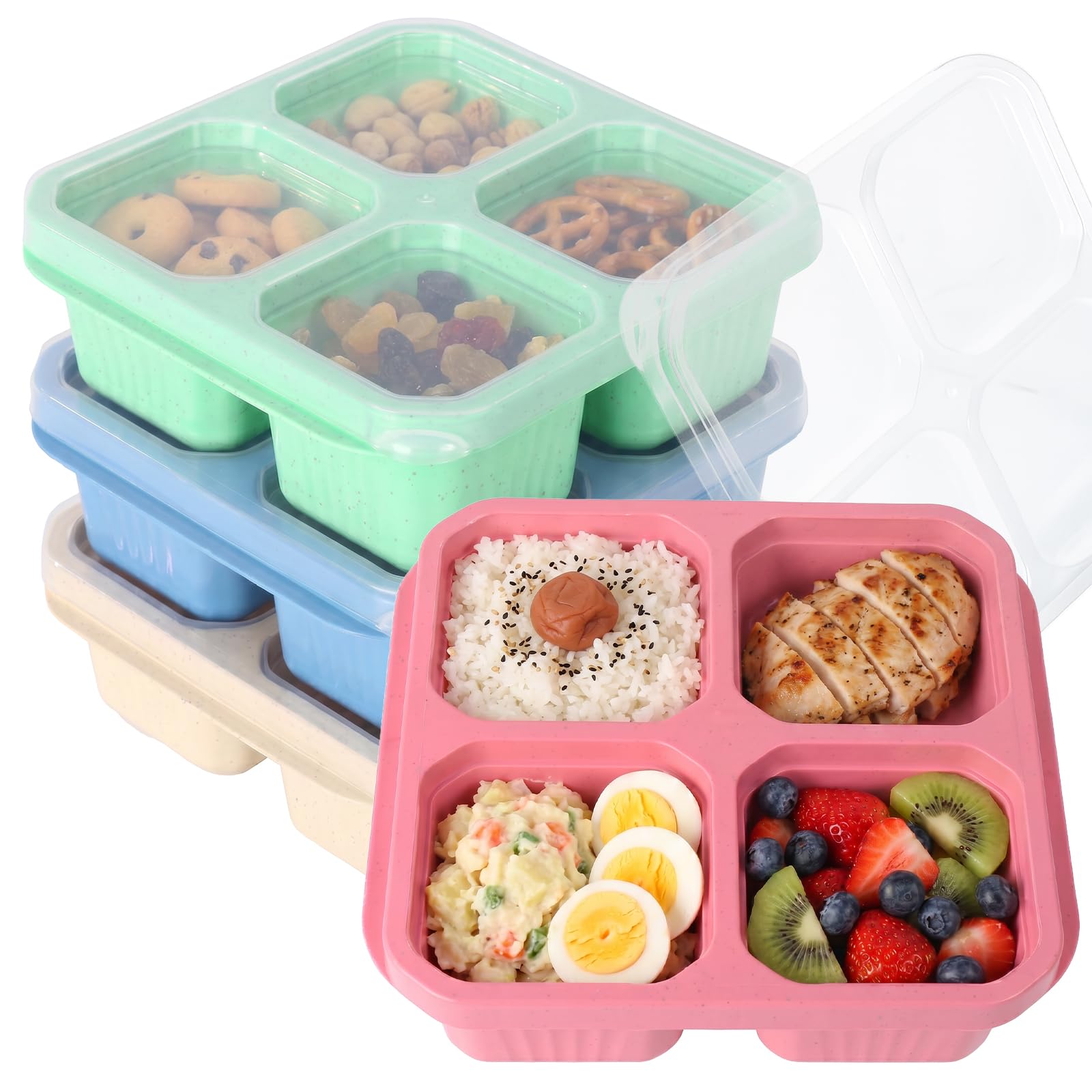 Kryndle 4 Pack Snack Box, 4 Compartments Stackable Bento Lunch Box, Reusable Food Storage Container for School, Work, Travel and Picnic(Green/Pink/Beige/Blue)