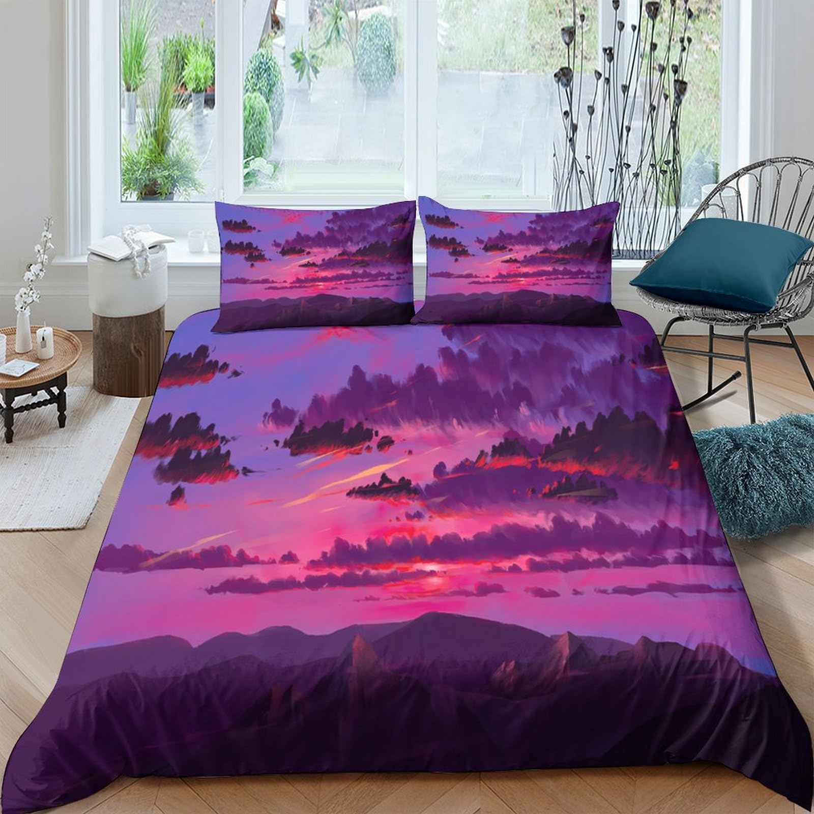 Ctjqhvkz Style-8 3D Printed Sunset Landscape Fitted Sheet Microfiber Soft Purple Sky Bed Cover For Bedroom Dorm Mattress Protection Decor Single（135X200cm）