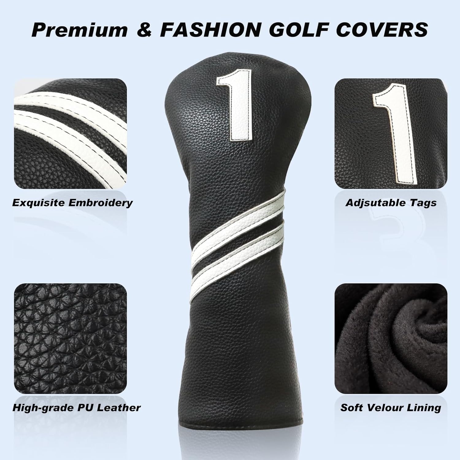 Golf Head Covers for Driver and 3 Wood - PU Leather Golf Headcovers Fits Standard 460cc Driver and Fairway Woods Head Golf Club