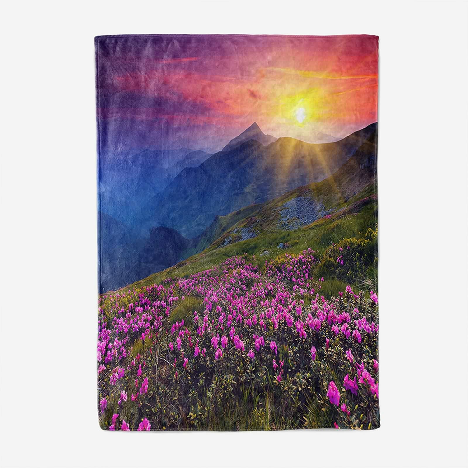 Aeici Couverture Polaire, Couverture Imprimée Enfant Couverture 180x200 cm Montagne Fleurie Coucher de Soleil Couverture de Canapé Cadeau pour Adultes et Enfants