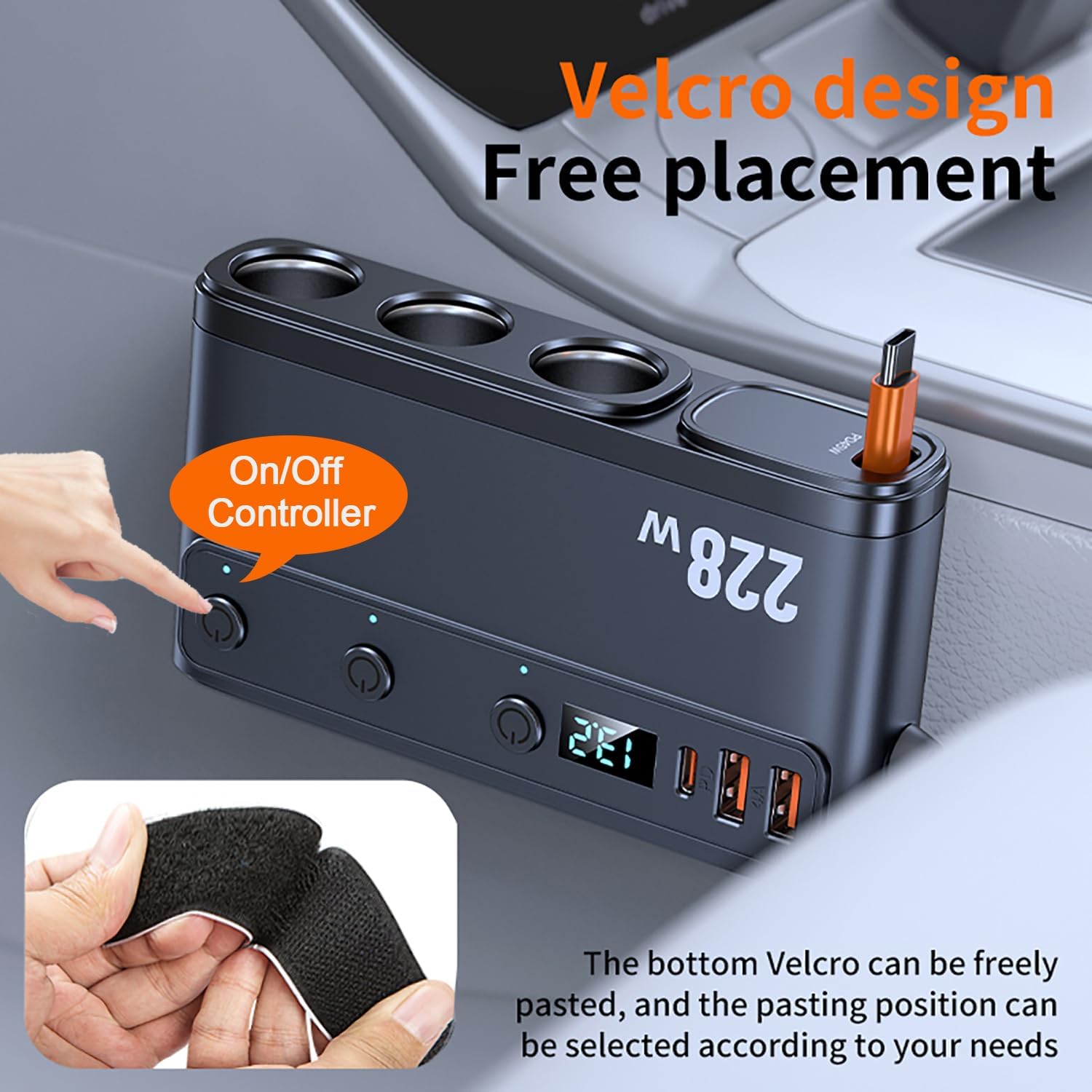 Cigarette Lighter Adapter with Retractable Car Charger,45W USB C Car Accessories 3 Socket Heavy Duty Truck Car Plug Outlet Splitter Fast Charging 12V/24V Independent Switch Multi Port for Car Devices