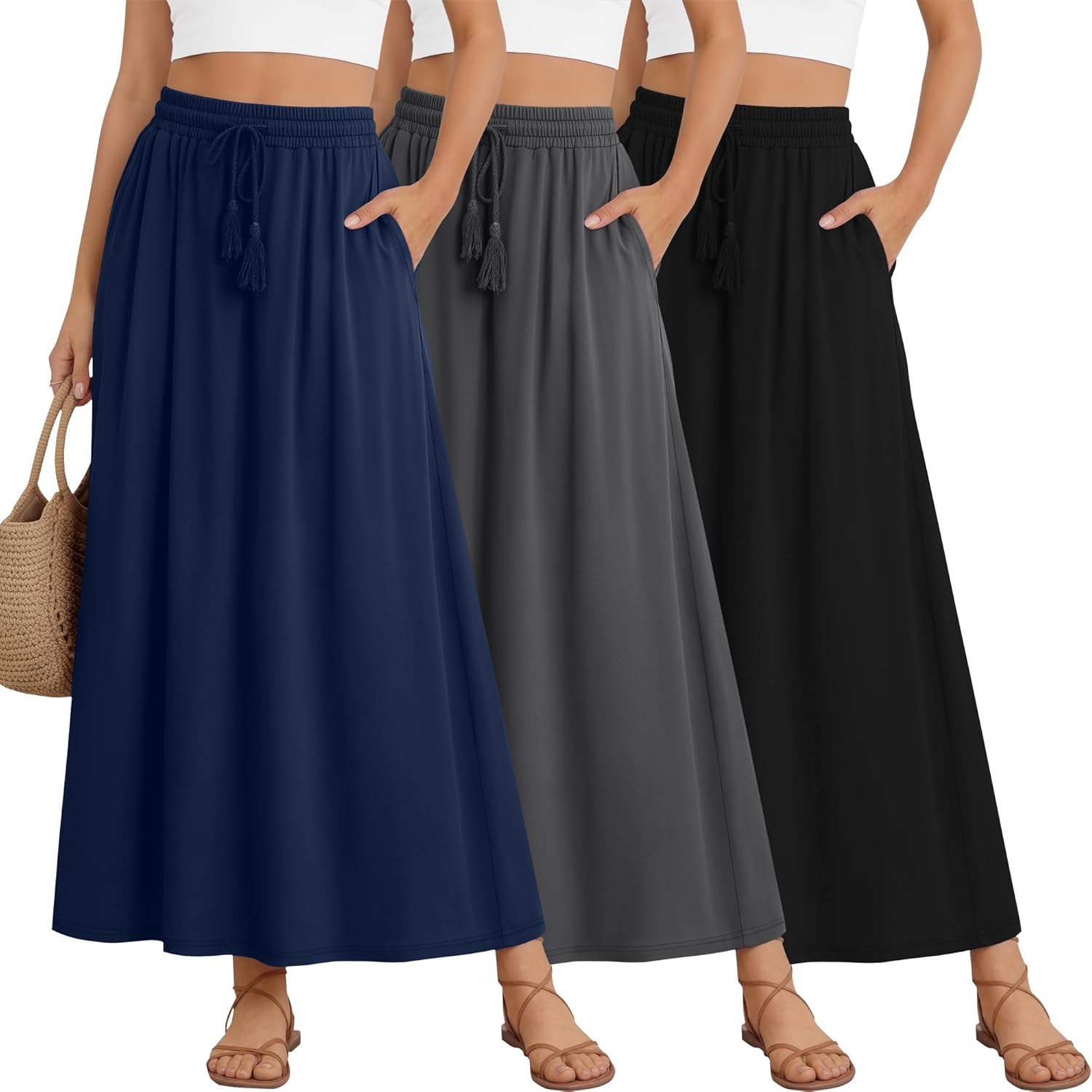3 Pack Women's Maxi Long Skirts, Ankle Length a Line Elastic High Waist Flowy Boho Casual Skirt with Pockets